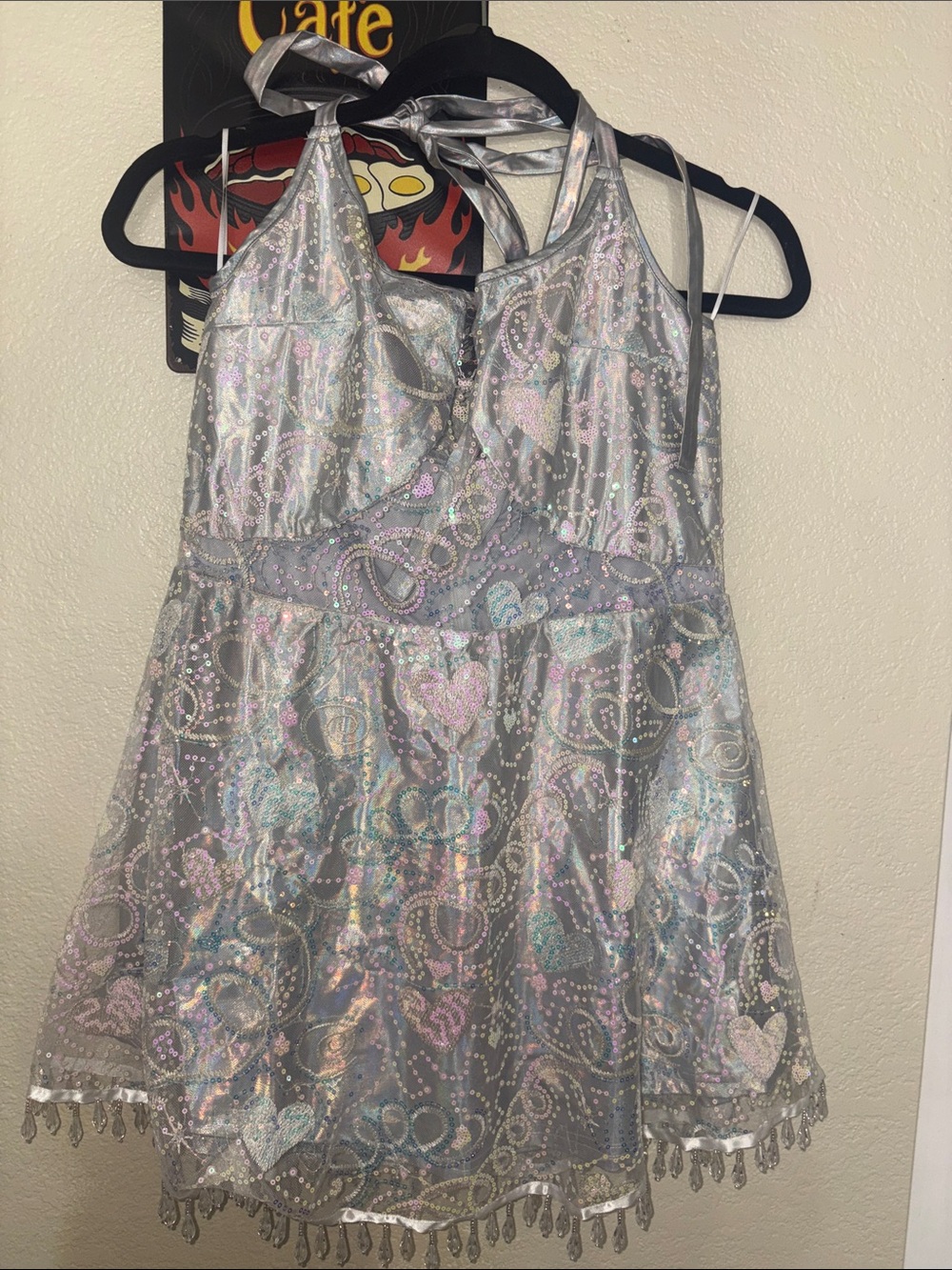 Holographic Silver Halter Dress with Pastel Heart Motif